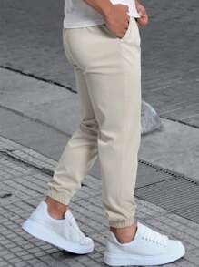 Manfinity Homme Men's Casual Solid Color Trousers With Drawstring Waist, For Autumn - 杏色 - 查看 2
