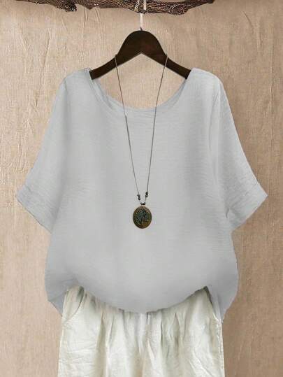 Linhara 女士大码休闲/日常/户外/简约/度假绿色纹理圆领套头衫，春夏