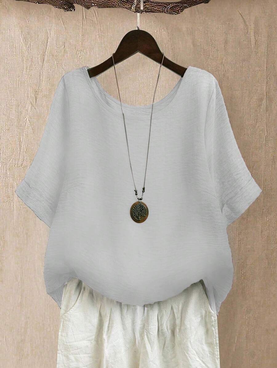 Linhara 女士大码休闲/日常/户外/简约/度假绿色纹理圆领套头衫，春夏 - 淺灰色 - 查看 1