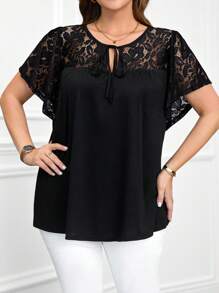 Miaspire Plus Size Women Front Tie Lace Patchwork Casual Blouse,Suitable For Summer,Summer Outfits For Women,Summer Outfits For Women,Western Wear Women Tunic Top,Spring/Vacation - Black - View 3