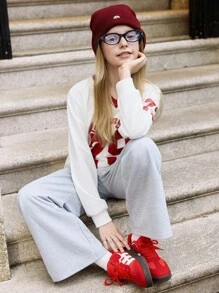 SHEIN Bộ 2 món/Bộ áo thun tay lỡ cổ chữ V in số phong cách đại học thường ngày cho bé gái tuổi teen và quần ống rộng - Nhiều màu - Xem 4
