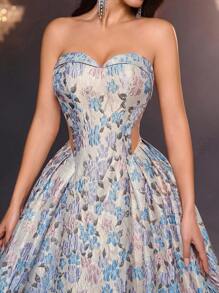 Glamrae 优雅奢华露肩浅金色和蓝色提花花卉舞会礼服，适合返校派对、单身派对、婚礼、派对、度假、宴会 - 彩色 - 查看 5