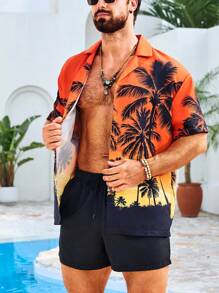 Manfinity Swimmode 男士热带印花衬衫和短裤沙滩装 - 亮橙色 - 查看 5