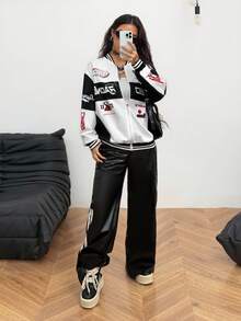 Coolane Women's Fall/Winter Streetwear Blokecore Color-Blocked Letter Pattern Print Baseball Jackets For Back To School - White - View 4