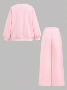SHEIN Tween Girls Casual Basic Heart Embroidery Loose Fit Crew Neck Sweatshirt And Wide Leg Pants Pink Set, Autumn/Winter Fall