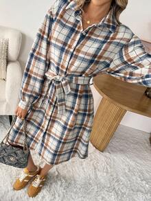 SHEIN LUNE Vestido camisero casual de mujer de manga larga a cuadros, vestido a cuadros de mujer de manga larga, vestido camisero a cuadros de mujer, vestido a cuadros de mujer para otoño