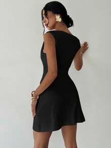 Firerie 女士优雅简约时尚性感日常通勤音乐节度假不对称领口垂坠白色 A 字迷你连衣裙，春夏 - 黑色 - 查看 4