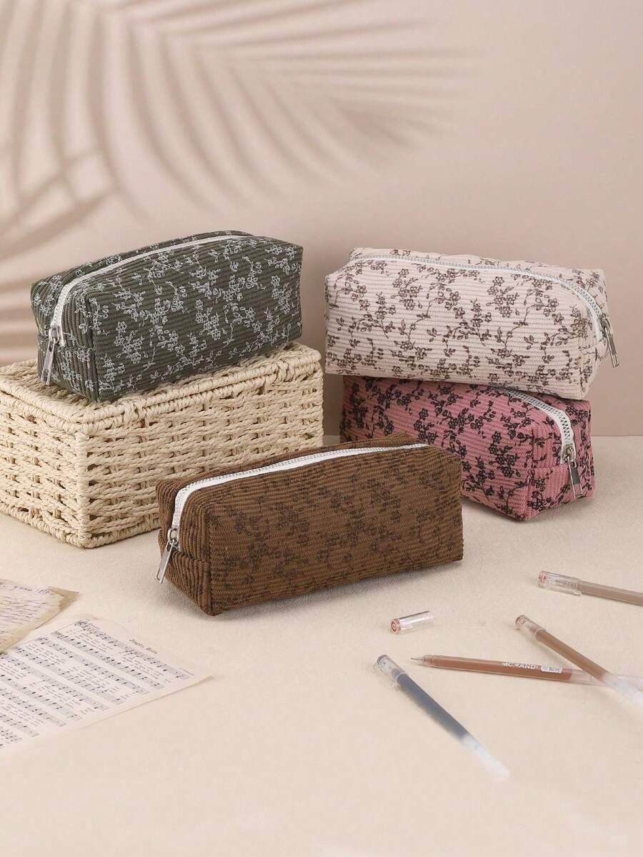 1 pieza Estuche de lápices con diseño floral, estuche de lápices con cremallera de gran capacidad y estilo vintage, es una bolsa de cosméticos portátil, útiles escolares, papelería kawaii, bolsa de almacenamiento de escritorio, regalo creativo para Acción de Gracias, Navidad, cumpleaños, decoración de Halloween, de vuelta a la escuela - Multicolor - Ver 1