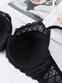SHEIN 1pc Underwire Padded Bra, Comfortable Lift And Shaping Lingerie Push Up Bra Padded Push Up Bra Lace Push Up Bra Push Up Bralette, Black - Black - View 8