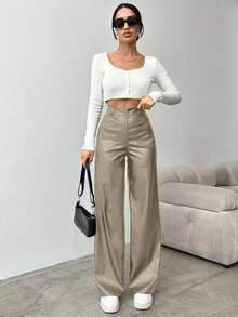 EURMUSE Women's Solid Color High Waist Straight Leg Pants, Suitable For Commuting - Cream - View 5