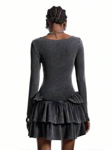 LYSMO 女式纯色方领长袖荷叶边下摆时尚迷你连衣裙