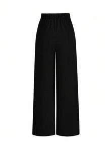 SHEIN Tall 大码女式优雅百搭纽扣装饰简约办公/通勤西装裤 - 黑色 - 查看 2