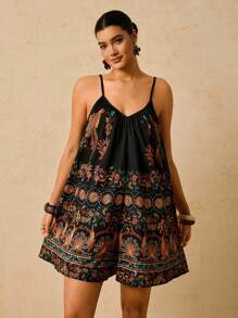 Travachic 加大码复古印花连体裤，深 V 领露背系带彩色复古图案女式度假短裤，全新 - 黑色 - 查看 1