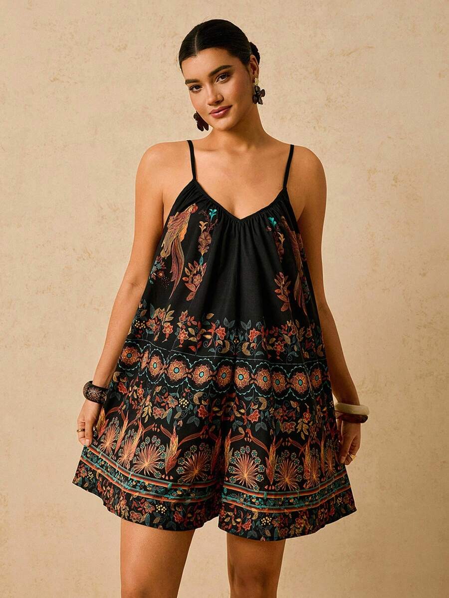 Travachic 加大码复古印花连体裤，深 V 领露背系带彩色复古图案女式度假短裤，全新 - 黑色 - 查看 1