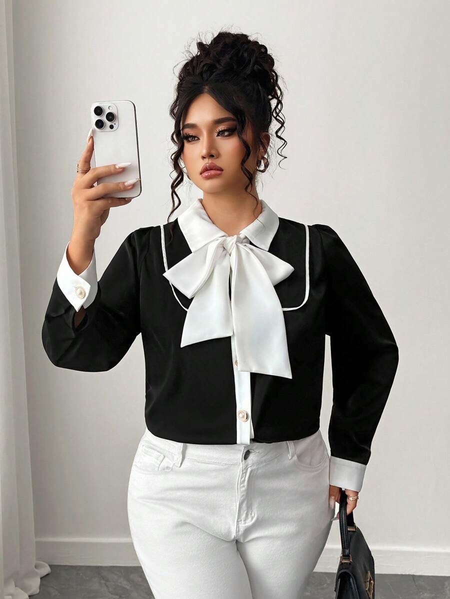 Elenzga بلوزة نسائية كبيرة الحجم بأكمام طويلة وياقة ربطة عنق بلون متباين