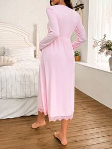 SHEIN BloomMama Maternity Elegant French Lace Trim Loose Long Sleeve Nightgown, Fall, Winter