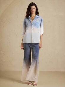 Briarwyn 女士四季服装 Old Money Style 女士休闲通勤渐变色拼色透视口袋衬衫，春夏季，返校季，女士纽扣衬衫，保暖 - 藍色 - 查看 7