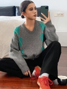 DAZY Suéter holgado de estilo casual de calle con cuello en V, manga larga y estampado de cuadros en contraste para mujer, otoño/invierno