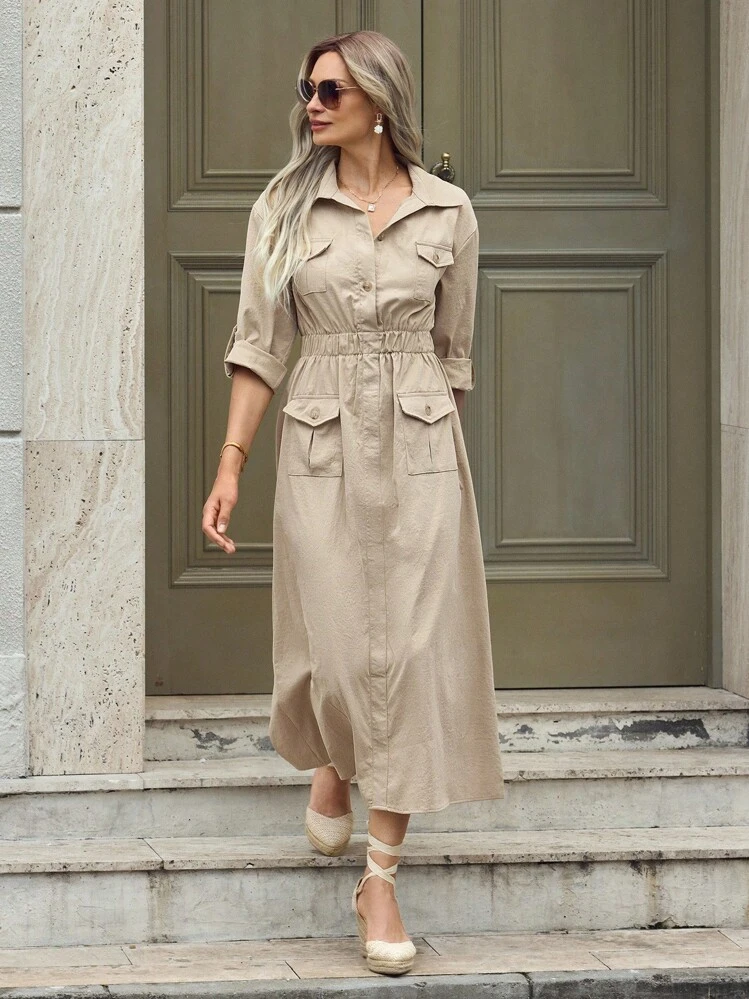 Mulvari Einfarbiges Kleid mit Knopfleiste, Bundfalte und Taschen, Damen Lässig Kleid mit Taschen und dreiviertel Ärmeln, Regular Fit Lange Khaki Viskose Bluse mit Umschlagärmeln, Frühling/Herbst, Lässiger Alltags-Maxikleid Damenkombination - Khaki - Übersicht 3