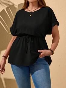 EMERY ROSE 大码圆领蝙蝠袖休闲纯色衬衫，夏季上衣，度假女装，外出上衣，乡村音乐会，可爱夏季上衣 - 黑色 - 查看 6