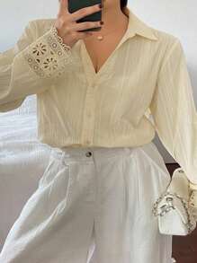 Dazy Plus Áo sơ mi vàng cỡ lớn dành cho nữ có cổ, tay rộng, họa tiết ren và sọc tương phản, áo dài tay mùa thu - Màu vàng - Xem 1