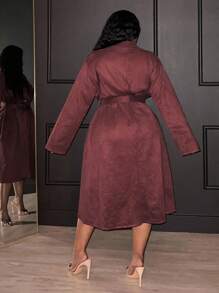 Veslaya Abrigo de ante sintético elegante y formal de color plata para mujer de talla grande, otoño 2025, nuevo invierno, casual de oficina, liso, con solapa grande, cintura ceñida, manga larga, personalizado Siren - Marrón - Ver 2