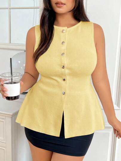 SHEIN EZwear Chaleco sin mangas de punto amarillo talla grande, refrescante para el verano, top casual de negocios para mujer, top de punto con botones sin mangas, vuelta al colegio