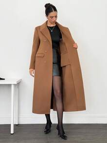 SHEIN Tall Women's Solid Color Lapel NeckLong Sleeve Double-Breasted Casual Long Jacket Long Brown Coat In Fall/Winter