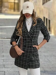 SHEIN Clasi 女士格子翻领长袖口袋休闲外套，女士冬季外套，冬季服装 - 黑色 - 查看 6