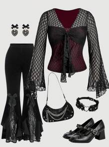 SHEIN MOD Áo thun tay loe buộc dây họa tiết lưới tương phản phong cách Gothic cổ điển Y2K cỡ lớn, cổ điển, bohemian, tối màu, phong cách cung điện, phong cách ma cà rồng, dành cho tiệc Halloween - màu đen - Xem 1