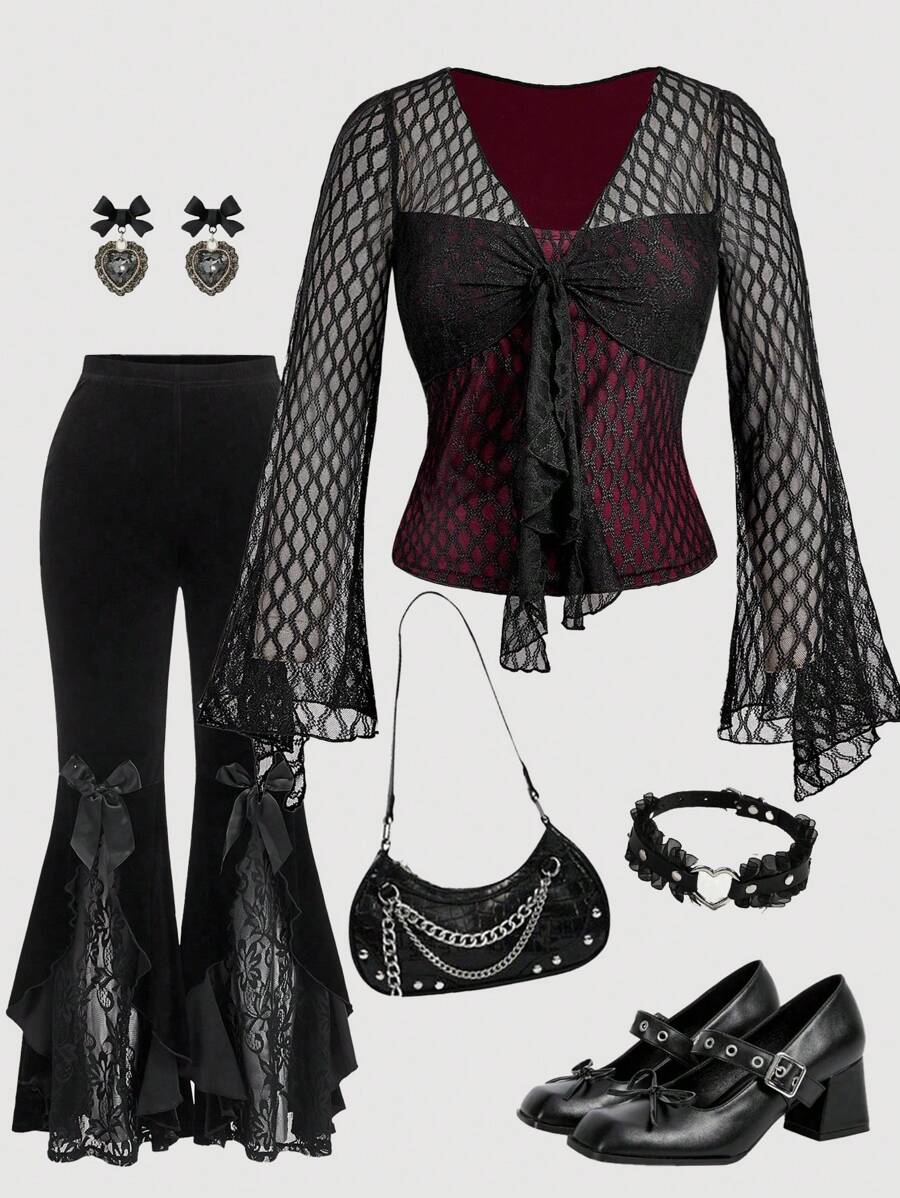 SHEIN MOD Áo thun tay loe buộc dây họa tiết lưới tương phản phong cách Gothic cổ điển Y2K cỡ lớn, cổ điển, bohemian, tối màu, phong cách cung điện, phong cách ma cà rồng, dành cho tiệc Halloween - màu đen - Xem 1