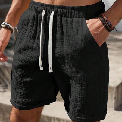 남성용 텍스처드 크링클 순면 끈 허리 포켓 캐주얼 반바지