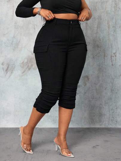 Slaydiva Damen Capri-Hose in Große Größen, schwarz, elastisch, plissiert, personalisierte Mode, Herbst, elegant