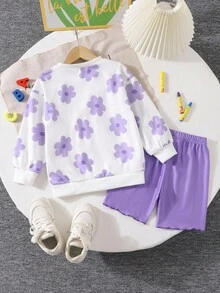 2pcs/Set Young Girls Vibrant Flower Crew Neck Sweatshirt And Purple Color Ribbed Biker Short Outfit - Purple - View 2