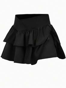 Girlism Trang phục thường ngày cho nữ sinh tuổi teen, Thể thao, Trường học, Trở lại trường, Quần lót đen có viền nhún bèo, Chân váy thiết kế cạp chéo, Mùa xuân và mùa hè - màu đen - Xem 6