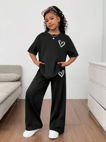 SHEIN Girlism 青少年女孩休闲家居服时尚街头风格超大圆领宽松落肩心形印花短袖运动衫和褶皱阔腿裤套装，针织运动衫和裤子套装 - 黑色 - 查看 3