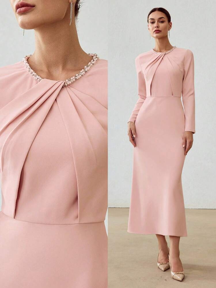 FAUX PEARL RUCHED TWIST FRONT FLOWY HEM DRESS