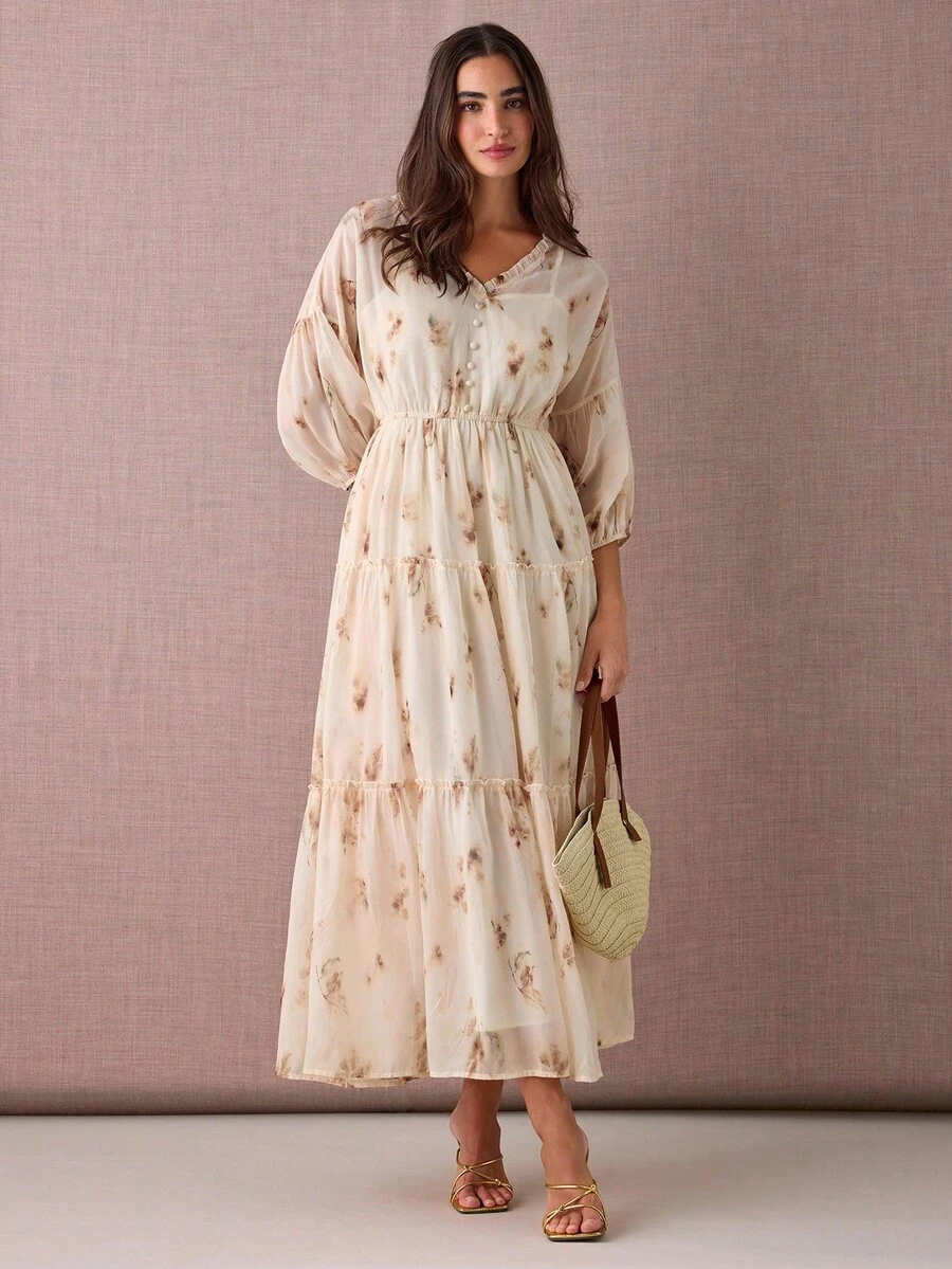 Enchnt 女士优雅全印花连衣裙，适合度假穿着 - 黃色 - 查看 1