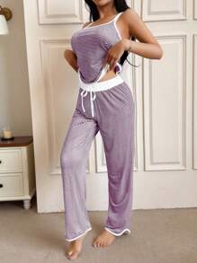SHEIN Stylish Contrast Color Striped Patchwork U-Neck Women Casual Sleepwear Set - Purple - View 3
