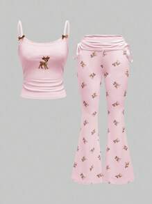 ROMWE J-Fashion 可爱鹿刺绣蕾丝上衣搭配鹿印花喇叭裤 - 粉色 - 查看 1