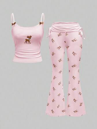 J-Fashion Blusa ricamata in pizzo con cervi abbinata a pantaloni a zampa con stampa di cervi