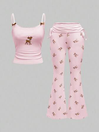 J-Fashion Blusa de encaje con bordado de ciervos a juego con pantalones acampanados con estampado de ciervos