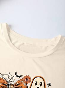 EMERY ROSE Halloween Pumpkin Ghost Print Plus Size T-Shirt - Beige - View 3