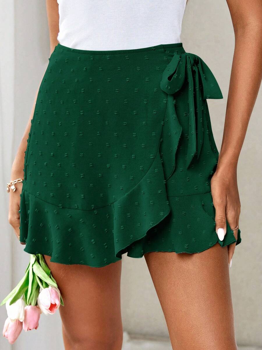 Firerie Quần short cạp chun bèo nhún thời trang màu trơn dành cho nữ - Màu xanh lá cây đậm - Xem 1