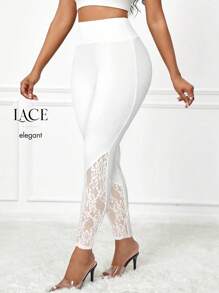 SHEIN Lady Women Eleglant Solid Color Lace Patchwork Leggings Pants For Women Petite