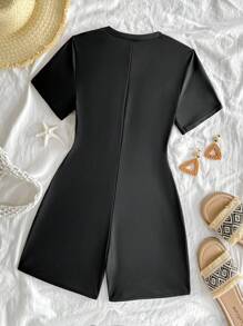 SHEIN 青少年女孩黑色连体泳衣，黑白撞色肩带，简约休闲运动风格，适合海滩、度假、冲浪 - 黑色 - 查看 2