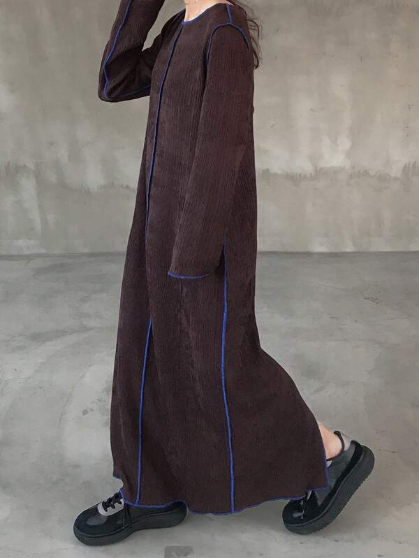 FRIFUL Women's Round Neck Long Sleeve Contrast Color Straight Loose Casual Long Dress, Autumn