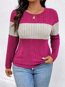EMERY ROSE Plus Size Contrast Color Round Neck Ribbed Long Sleeve Casual T-Shirt Graphic Tees Women Tops For Spring Fall - Multicolor - View 3