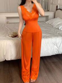 SHEIN Semi-Sheer Orange Pajama Set With Contrast Lace And Regular Fit Pants - Orange - View 5