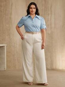 Anewsta Áo kiểu nữ tay ngắn thêu hoa cổ bẻ thời trang thanh lịch mùa hè đa năng đi làm - Màu xanh lam - Xem 7